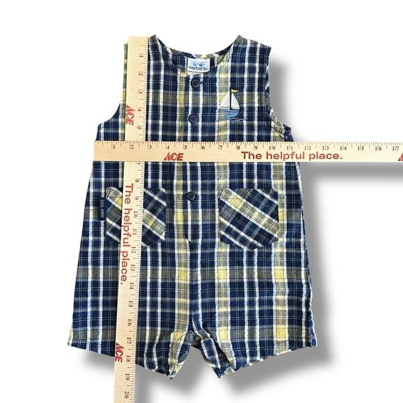 Carter’s Vintage Plaid Embroidered Sailboat Romper Boys Size 18M Blue Yellow - Picture 3 of 10